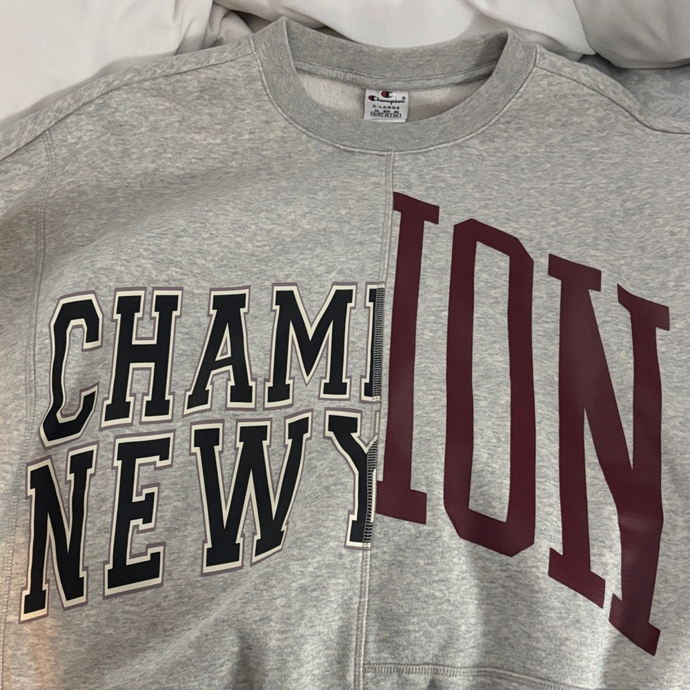 Champion Gray Sweatshirt with Black and Red Graphics